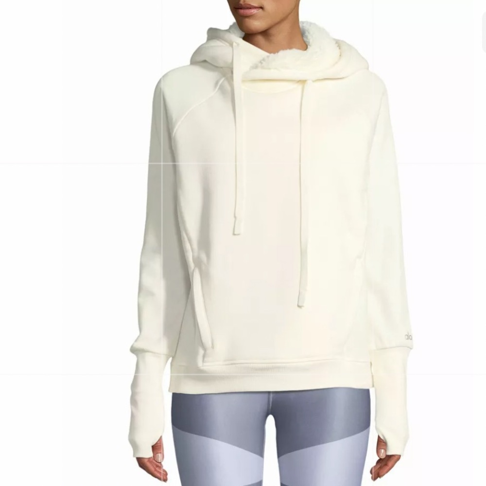 Alo Knit Fleece Lined Long Sleeve Hoodie Sweatshirt White Small off white - Picture 7 of 8
